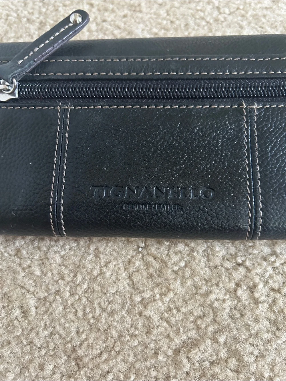 Tignanello Black Pebbled Leather Continental Wallet with Silver Tone Logo Plaque